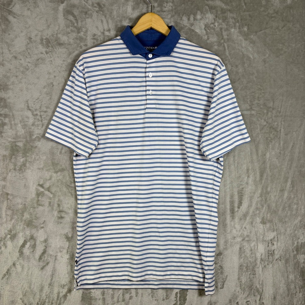 Mizzen+Main Polo Shirt Striped Large Performance Mens Blue White Short Sleeve
